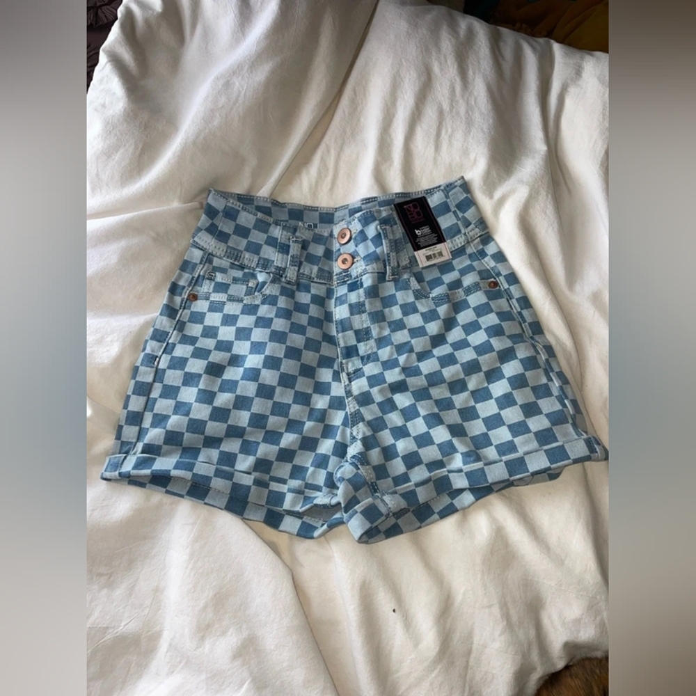 No Boundaries Light Blue Checkerboard High-Waist Jean Shorts